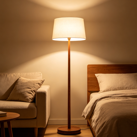 Wooden Base Fabric Shade Floor Lamp Stand